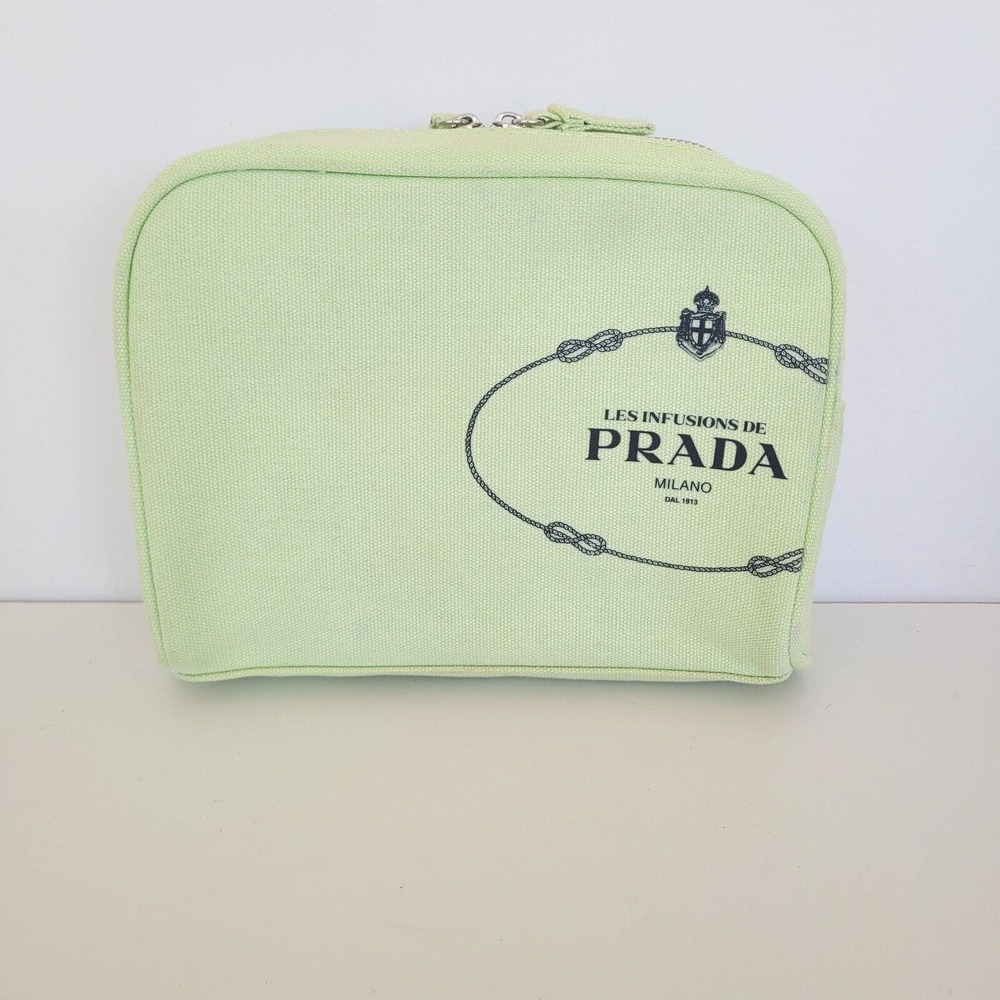 Prada Cosmetic Makeup Case Toiletry Bag Medium Pouch Zip Aroun Green Logo Unisex